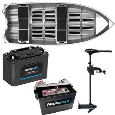 Kimple 365 aluminiumbåt med elmotor, litiumbatteri och smart batterilåda för fiske och fritid.