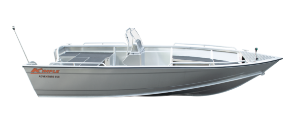 Kimple 550 Adventure aluminiumbåt sedd från sidan anpassad för fiske och fritidsbruk