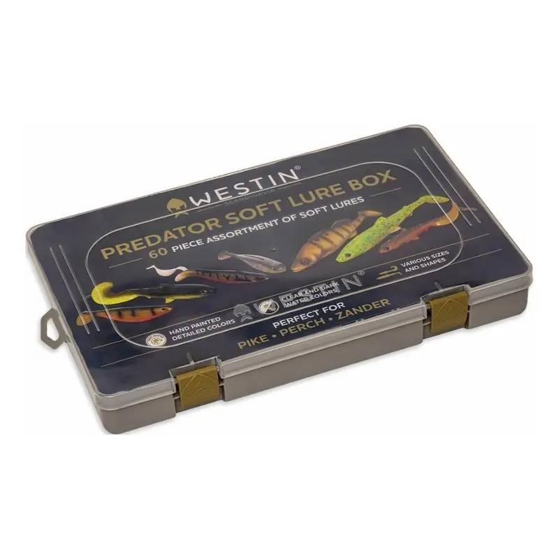 Westin Predator Soft Lure Box 60pcs med 60 mjukbeten för gädda, gös och abborre i praktisk betesbox.