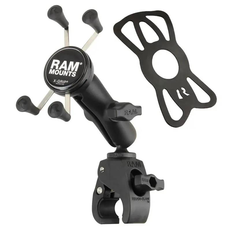 RAM® X-Grip® telefonfäste med Tough-Claw™ liten klämma monterad för säker smartphonehållning på fordon eller båt.