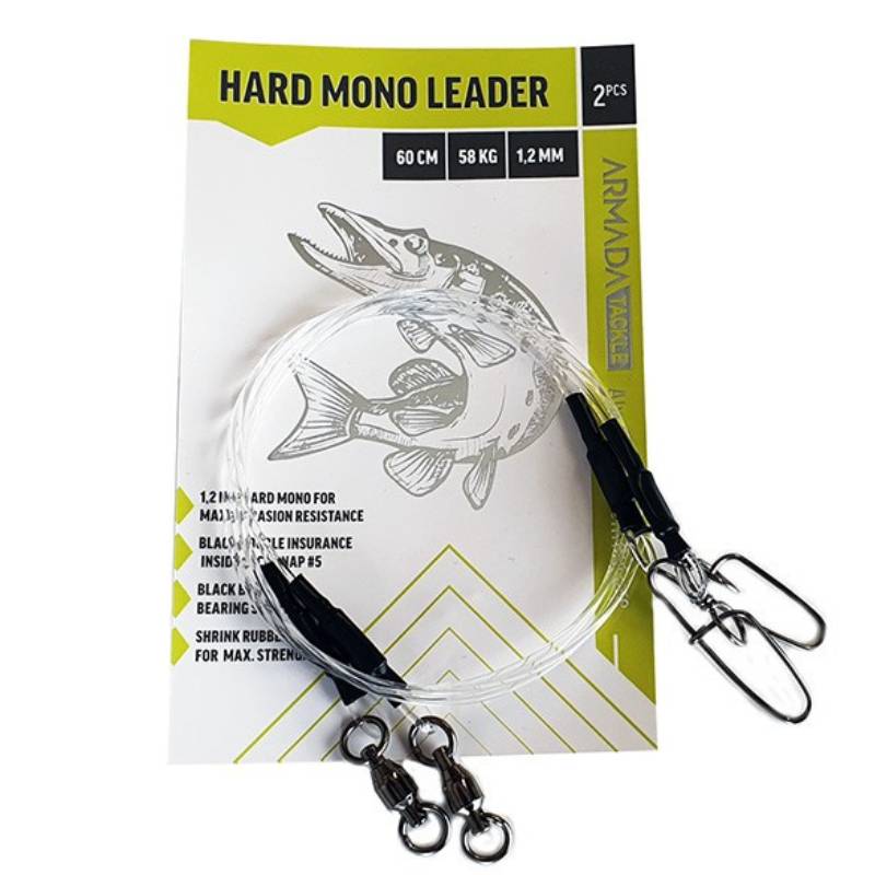 Två färdiga hard mono-tafsar från Armada med starka lekanden och snaps, designade för att tåla gäddtänder och ge en diskret presentation i vattnet.