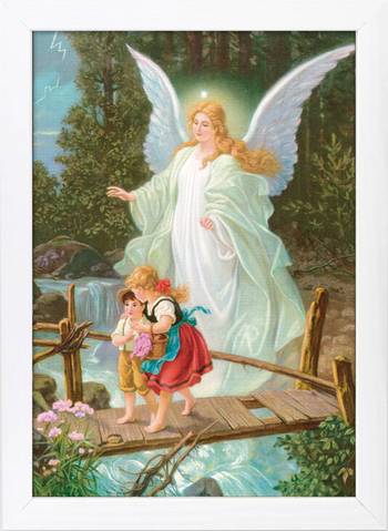 Tavla - Skyddsängelmotiv, 20x26 Två barn på bro Vit ram, en produkt från Nya Musik som utvecklar och engagerar människor i alla åldrar.