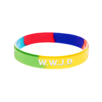 Armband - Silikon - WWJD - Regnbåge, en produkt från Nya Musik som utvecklar och engagerar människor i alla åldrar.