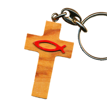 Nyckelring - Kors -Tillverkad i olivträ - Fisktecknet i rött, en produkt från Nya Musik som utvecklar och engagerar människor i alla åldrar.