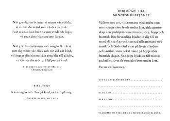 Inbjudan till minnesgudstjänst - Ljus, en produkt från Nya Musik som utvecklar och engagerar människor i alla åldrar.