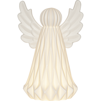 Ängel i porslin med led-ljus, en produkt från Nya Musik som utvecklar och engagerar människor i alla åldrar.