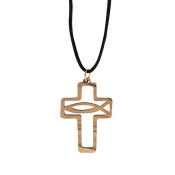 Halssmycke – Kors / fisktecknet - Olivträ, en produkt från Nya Musik som utvecklar och engagerar människor i alla åldrar.