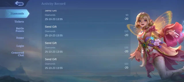 MLBB Activity Record showing where to check the Diamonds credited