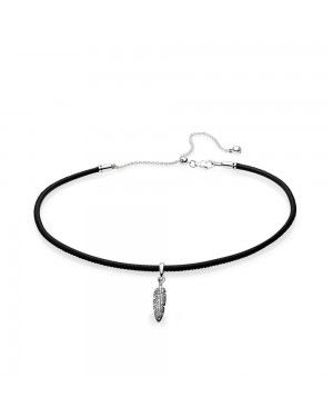 Pandora Black Leather Choker And Feather Necklace 397197CBK