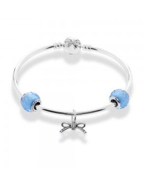 PANDORA Sky Blue Bow Bows Complete Bangle JSP0397 In Silver