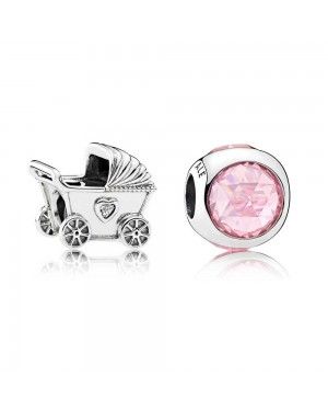 PANDORA Pink Baby Pram Baby Charm Set JSP0499 With Cubic Zirconia 