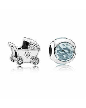 PANDORA Blue Baby Pram Baby Charm Set JSP0497 With Cubic Zirconia In Silver