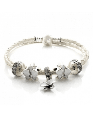 PANDORA Elegant Orchid Floral Complete Bracelet JSP0162 In Leather