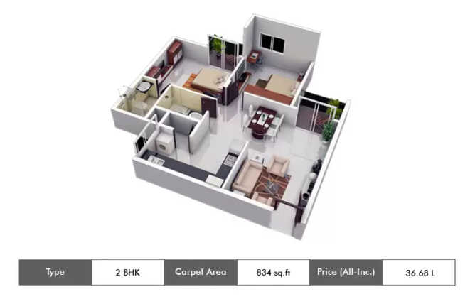 Casagrand Zenith Medavakkam - Floor plan 2 BHK 834 Sq.ft