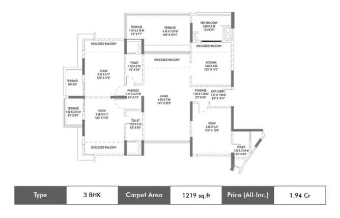 Pride Purple Park Grandeur Baner - Floor plan 3 BHK 1219 Sq.ft