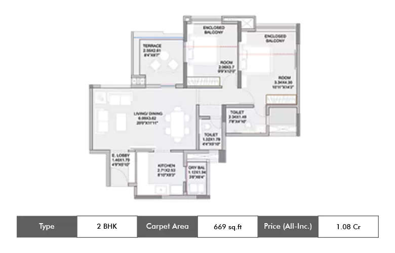Floor plan for 2 BHK
