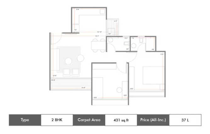Skyi Star City Kirkatwadi - Floor plan 2 BHK 431 Sq.ft
