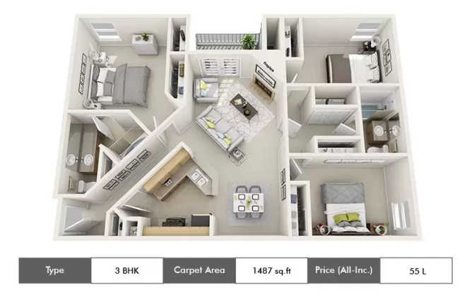 Appaswamy Habitat Siruseri - Floor plan 3 BHK 1487 Sq.ft