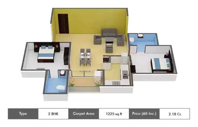 Appaswamy Clover By The River Adyar - Floor plan 2 BHK 1225 Sq.ft
