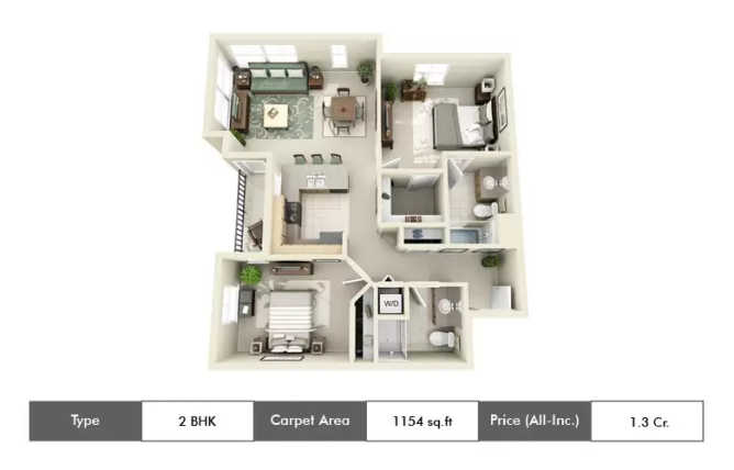 Appaswamy Capella Vadapalani - Floor plan 2 BHK 1154 Sq.ft