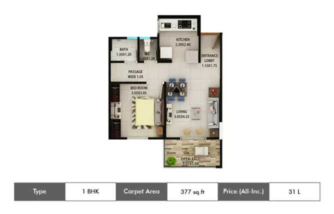 Kolte Patil Ivy Estate Nia Wagholi - Floor plan 1 BHK 377 Sq.ft