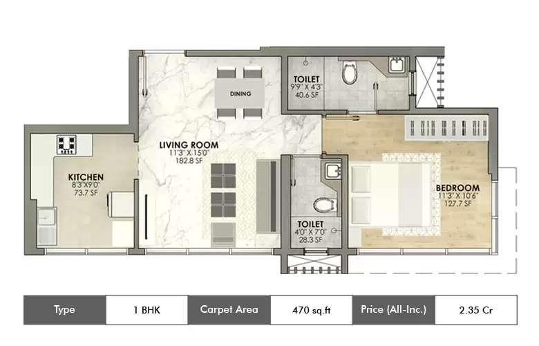 Floor plan for 1 BHK