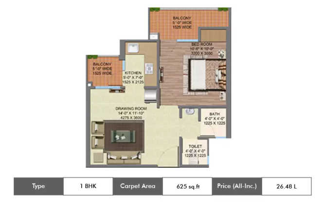 Supertech Up Country Apartments Sector 17A Greater Noida - Floor plan 1 BHK 625 Sq.ft