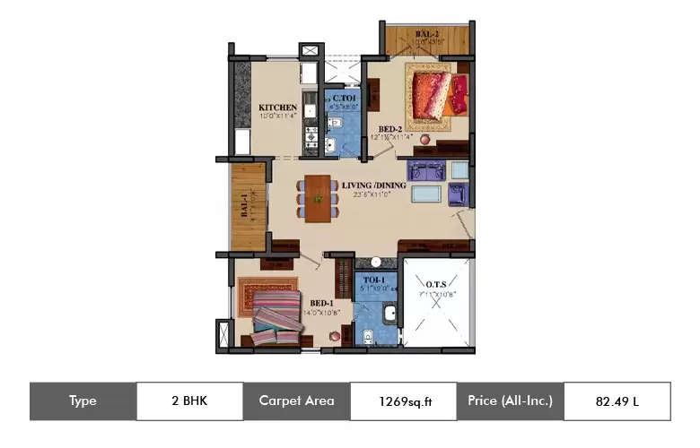 2 BHK Apartment 1269 Sq.ft