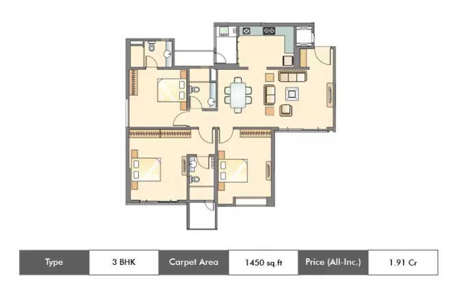 Pride Purple Park Titanium Wakad - Floor plan 3 BHK 1450 Sq.ft