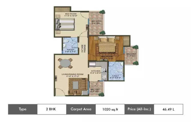 Supertech The Romano Sector 118 - Floor plan 2 BHK 1020 Sq.ft