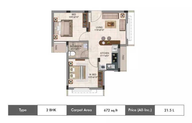 Casagrand Arena 2 Oragadam - Floor plan 2 BHK 672 Sq.ft