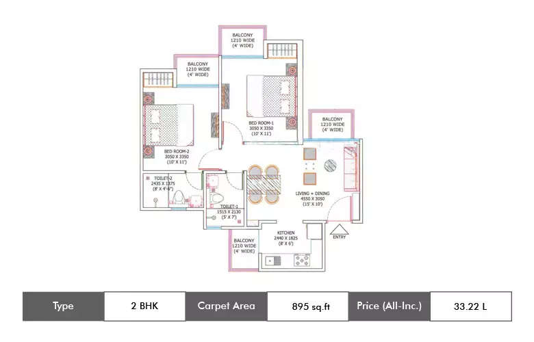 Floor plan for 2 BHK