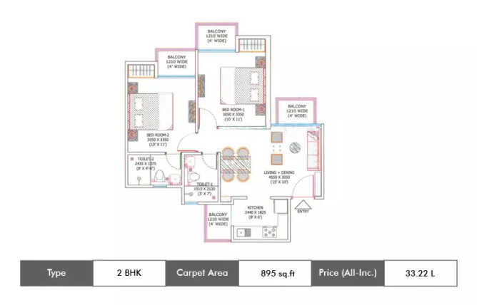 Ajnara City Sector 27 Greater Noida W - Floor plan 2 BHK 895 Sq.ft