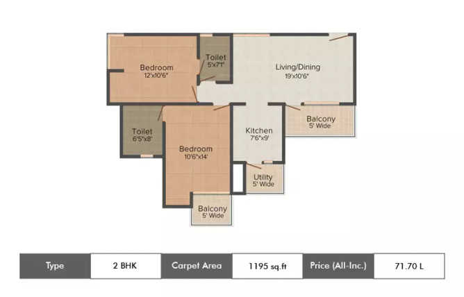 Amrapali Heartbeat City Sector 107 - Floor plan 2 BHK 1195 Sq.ft