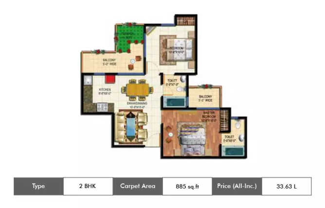 Amrapali O2 Valley Techzone IV Greater Noida W - Floor plan 2 BHK 885 Sq.ft