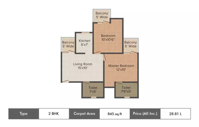 Amrapali Riverview Sector 62 - Floor plan 2 BHK 845 Sq.ft