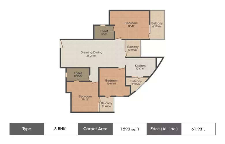 Floor plan for 3 BHK