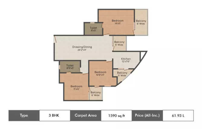 Supertech Albaria Sector 1 Greater Noida W - Floor plan 3 BHK 1590 Sq.ft