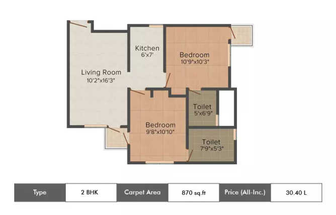 Supertech Czar Suites Omicron I Greater Noida - Floor plan 2 BHK 870 Sq.ft