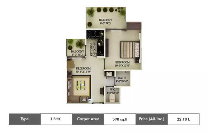 Supertech Ecovillage Sector 16B Greater Noida W - Floor plan 1 BHK 598 Sq.ft