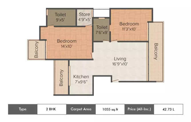 Amrapali Centurian Park Low Rise Techzone IV Greater Noida W - Floor plan 2 BHK 1055 Sq.ft