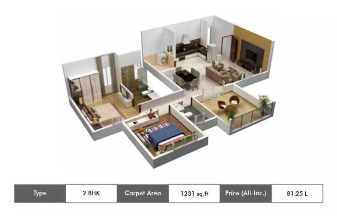Gera Greensville Kharadi - Floor plan 2 BHK 1231 Sq.ft