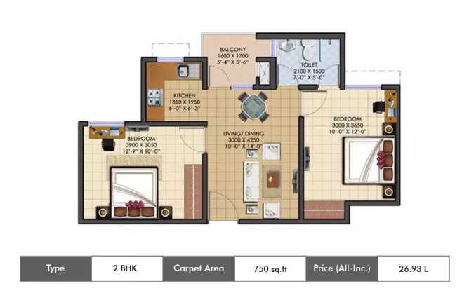 Jaypee Greens Naturvue Apartments Sector 25 Greater Noida - Floor plan 2 BHK 750 Sq.ft
