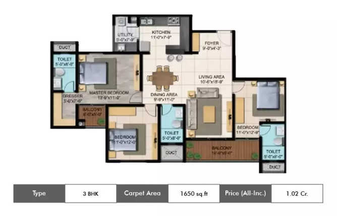 Shriram Blue Krishnarajapura - Floor plan 3 BHK 1650 Sq.ft