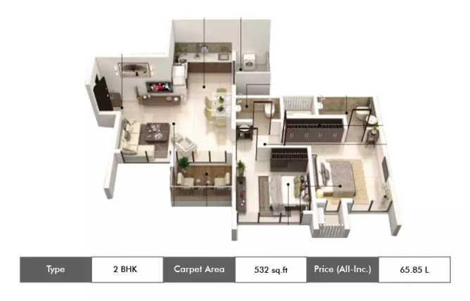 Runal Gateway Ravet - Floor plan 2 BHK 532 Sq.ft