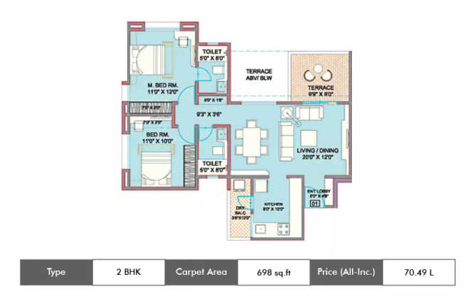 Ekta Florida Undri - Floor plan 2 BHK 698 Sq.ft