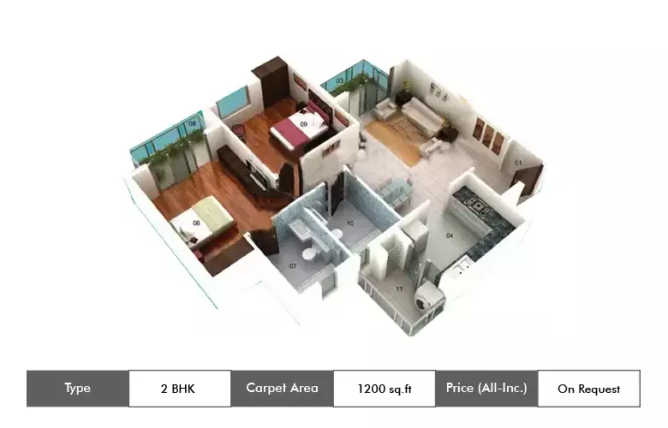 Jaypee Kassia Sector 25 - Floor plan 2 BHK 1200 Sq.ft