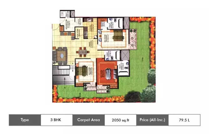 Amrapali Grand Sector Zeta I Greater Noida - Floor plan 3 BHK 2050 Sq.ft