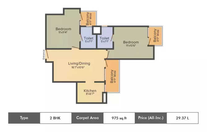 Amrapali Jaura Heights Techzone IV Greater Noida W - Floor plan 2 BHK 975 Sq.ft