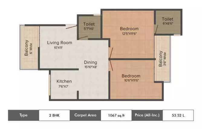 Supertech Oxford Square Sector 16B Greater Noida W - Floor plan 2 BHK 1067 Sq.ft